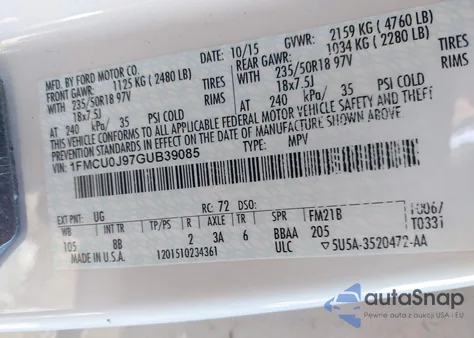 2016 Ford Escape Titanium from USA, damaged, VIN 1FMCU0J97GUB39085